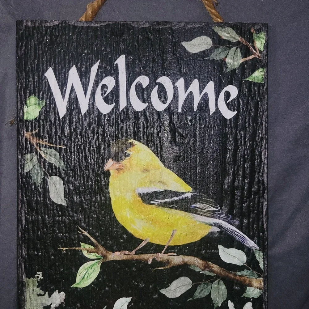 Wooden Goldfinch Bird Welcome Sign Wall Door Hanging Hand Painted